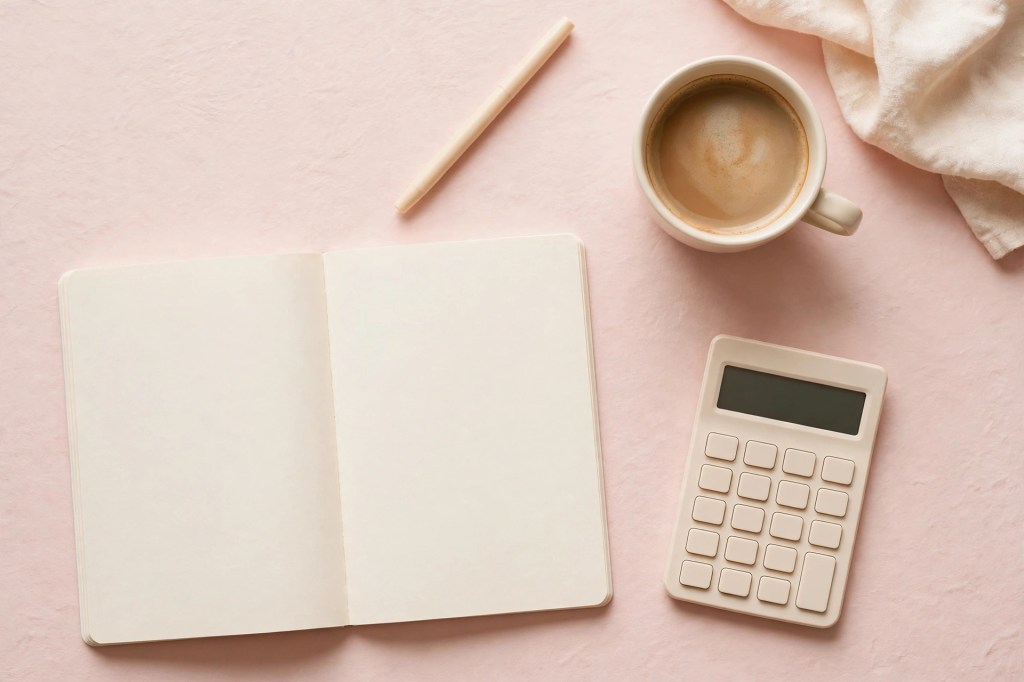Flat-lay of a calculator, notebook, pen, and coffee cup on a pastel desk