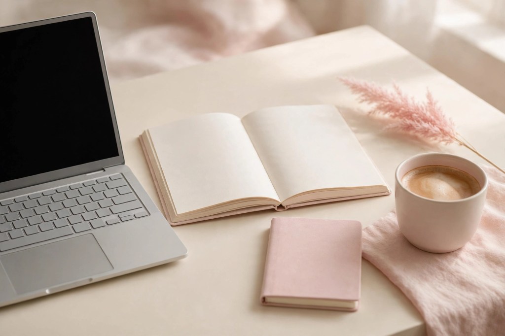 Pastel workspace flat-lay with a laptop, notebook, pen, and coffee cup