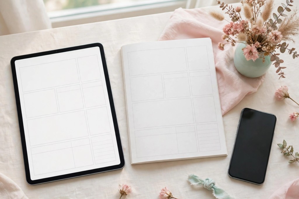 Tablet and printed planner mockup showing a digital product on a pastel desk