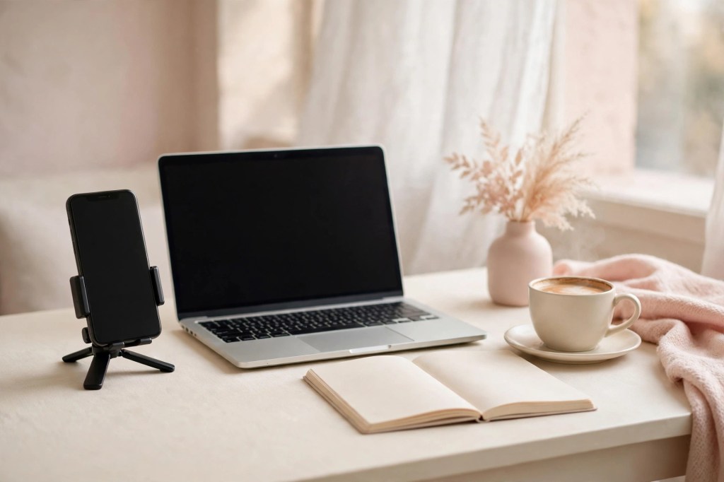 Faceless workspace with phone on tripod, laptop, notebook, and coffee on a pastel desk
