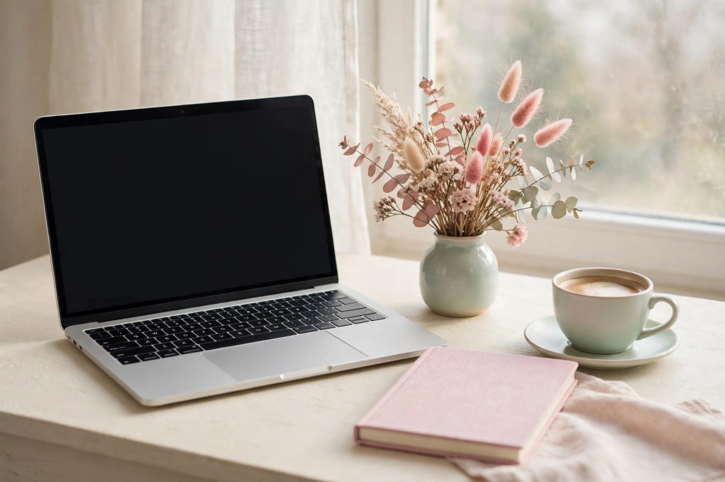 Laptop and notebook on a pastel desk by a bright window