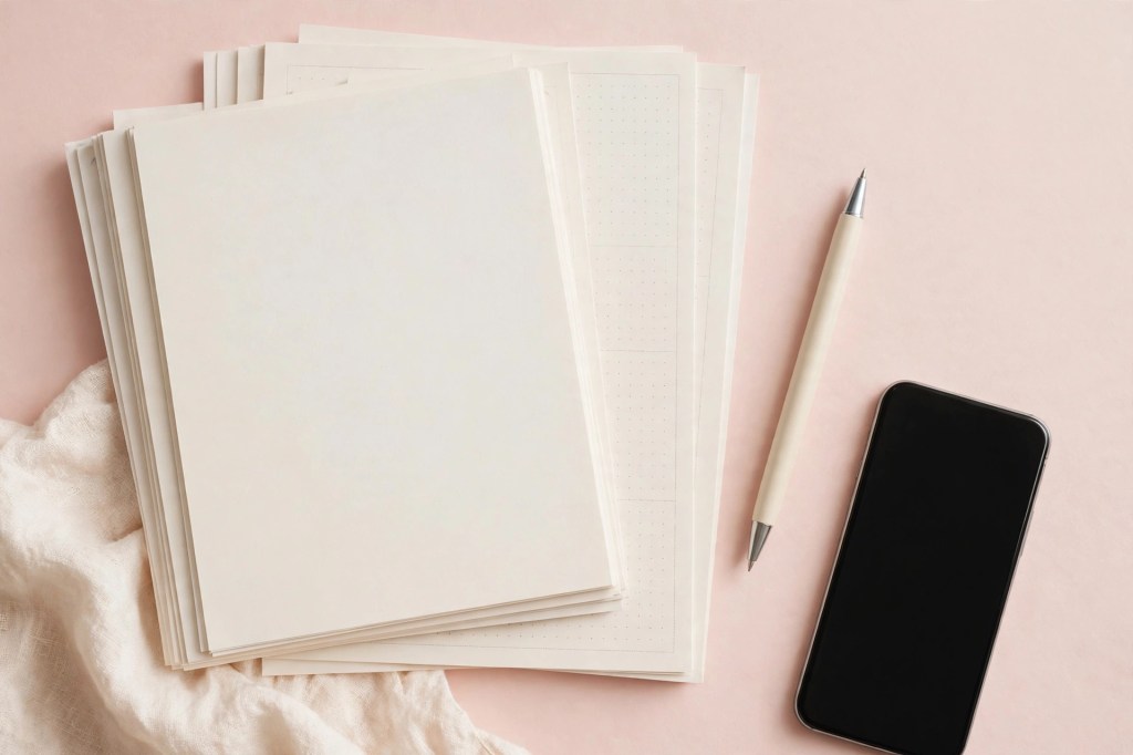 Flat-lay of a stack of blank planner pages with a pen on a pastel desk