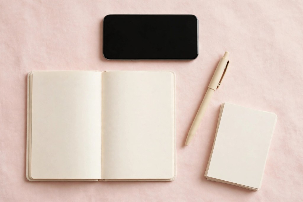 Flat-lay of a phone, blank notebook, pen, and blank cards on a pastel desk