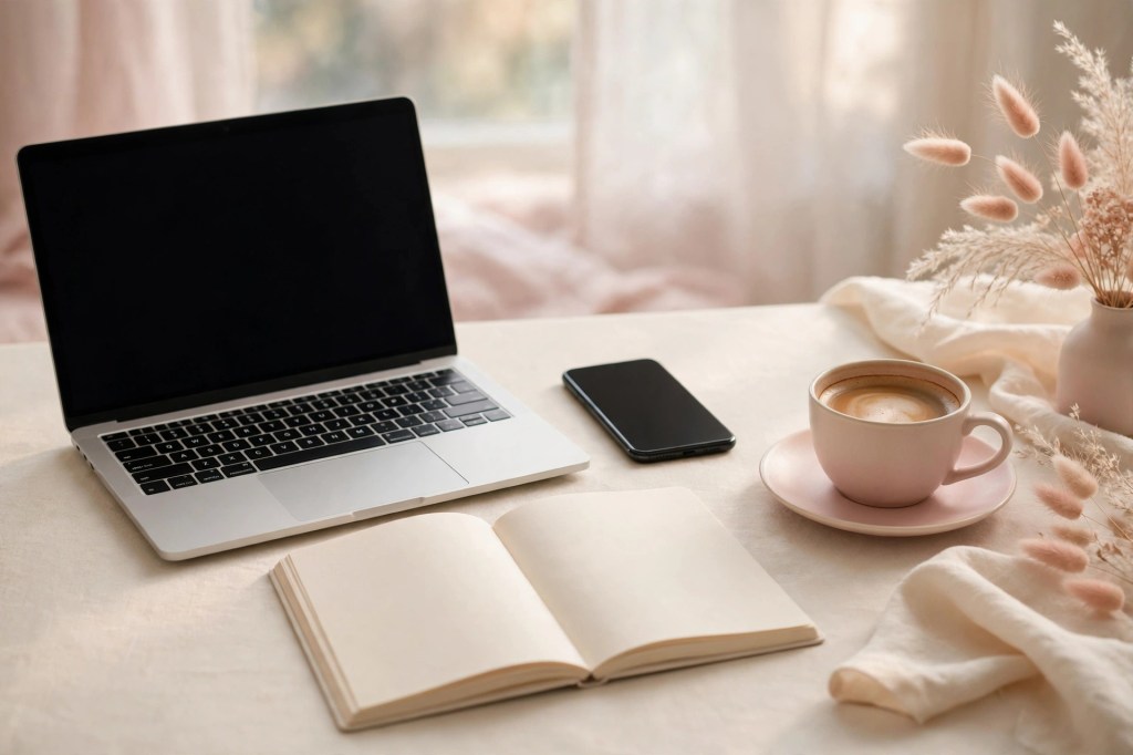 Workspace with laptop, phone, planner, and coffee on a pastel desk