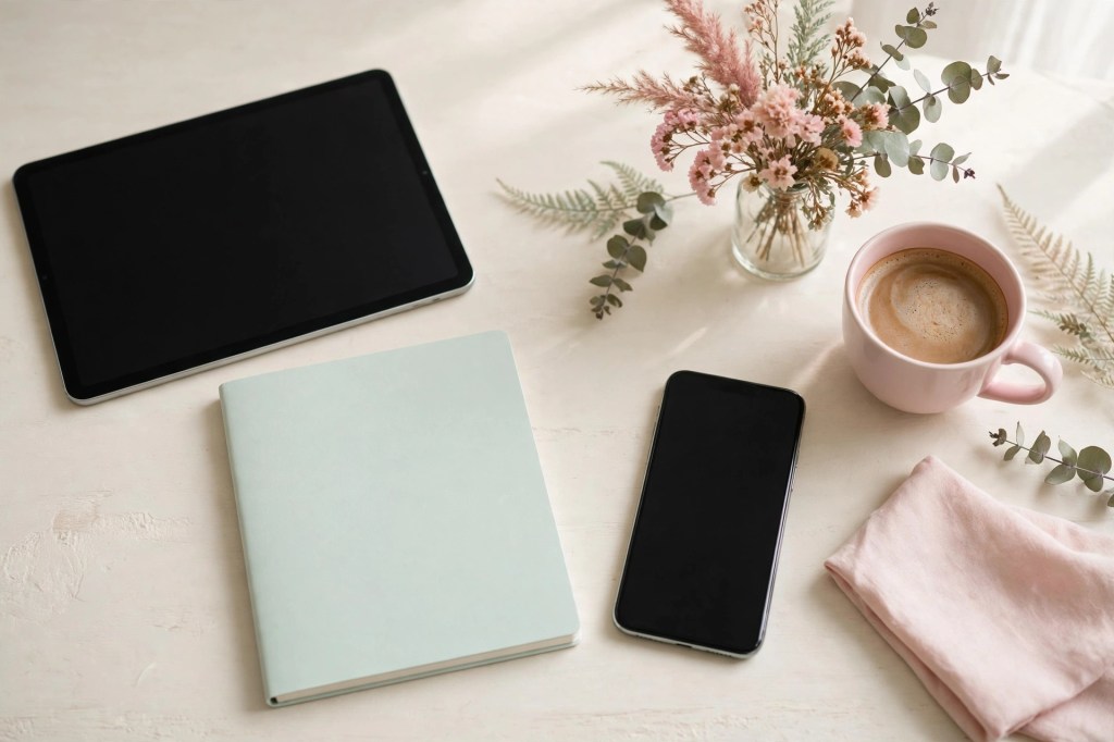 Tablet, printed planner, phone, and coffee on a pastel desk