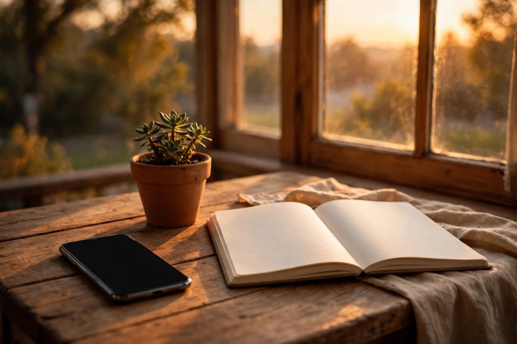 Warm evening light desk with phone and plant on a workspace