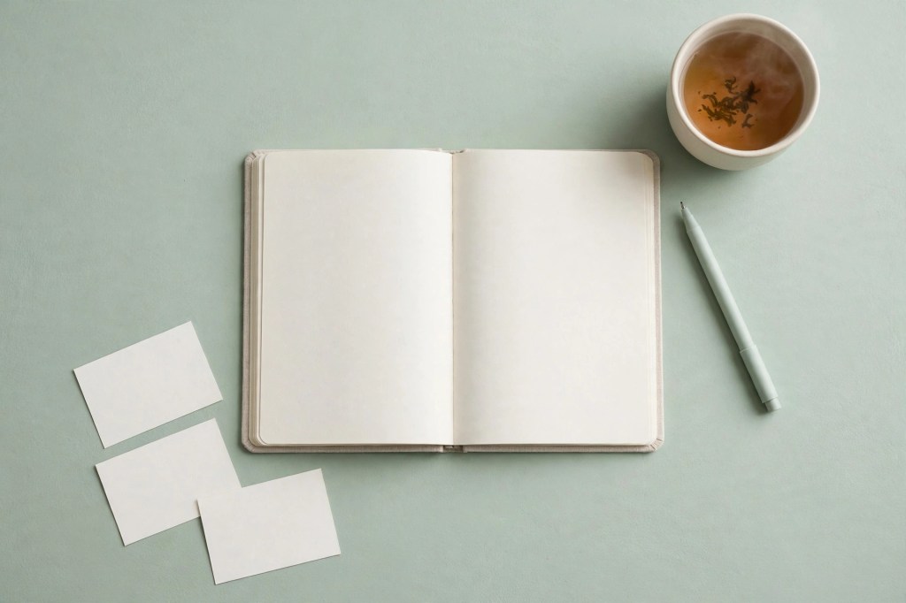 Sage mint flat-lay with an open notebook, cards, and a cup of tea on a desk
